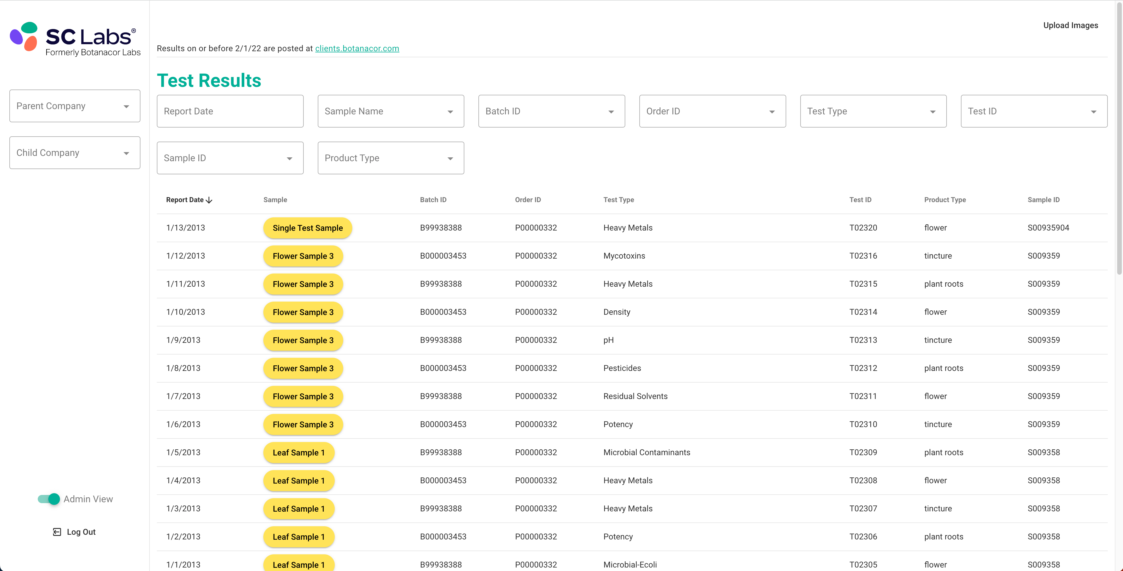SC Labs Login Screen